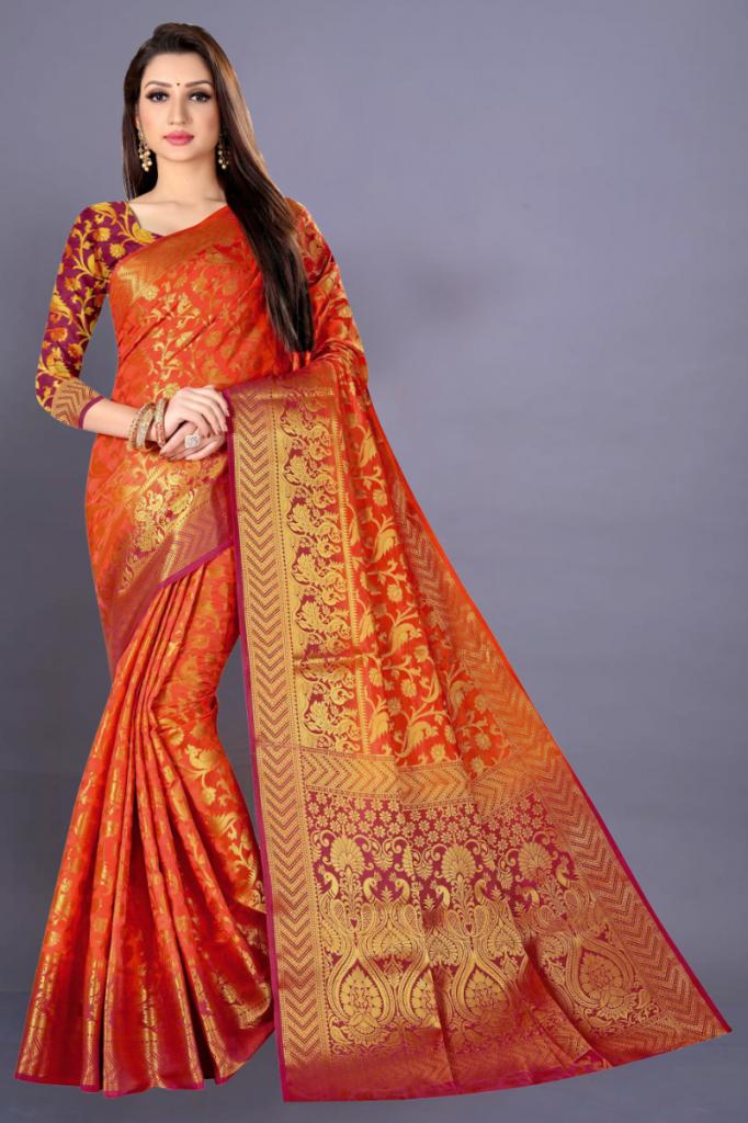 Staring Mustard Yellow Colored Festive Wear Woven Nylon Silk Saree