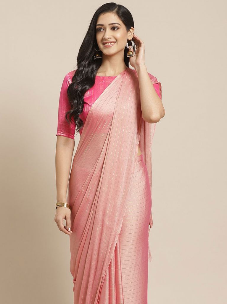 Buy Now - Pink & Golden Striped Cotton Saree