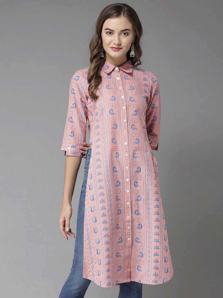 Women Pink Blue Printed Straight Kurti