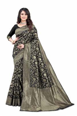 BLACK BANARSI SILK SAREE WITH WAEVING BORDER WITH UNSTITCHED BLOUSE PIECE FOR WEDDING AND PARTY  SOFT LICHI SILK SAREE 