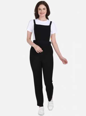 BLACK COTTON REYON BLENDED DUNGAREE WITH WHITE CROP T-SHIRT