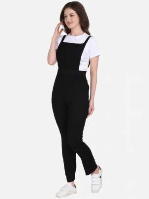 BLACK COTTON REYON BLENDED DUNGAREE WITH WHITE CROP T-SHIRT Dungarees