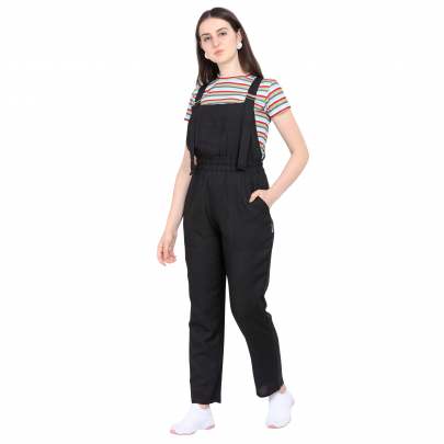 BLACK POLYESTER BLENDED STRIPED DUNGAREE WITH CROP T-SHIRT