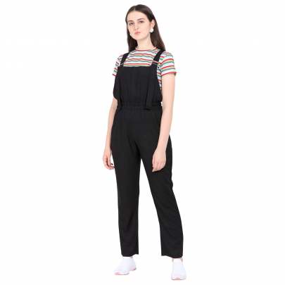 BLACK POLYESTER BLENDED STRIPED DUNGAREE WITH CROP T-SHIRT Dungarees