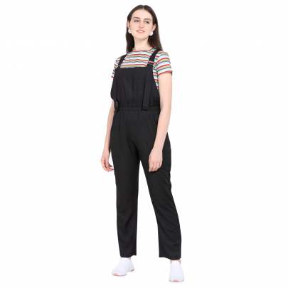 BLACK POLYESTER BLENDED STRIPED DUNGAREE WITH CROP T-SHIRT Dungarees