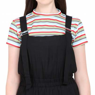 BLACK POLYESTER BLENDED STRIPED DUNGAREE WITH CROP T-SHIRT Dungarees