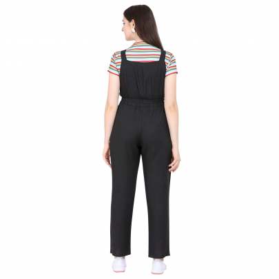 BLACK POLYESTER BLENDED STRIPED DUNGAREE WITH CROP T-SHIRT Dungarees