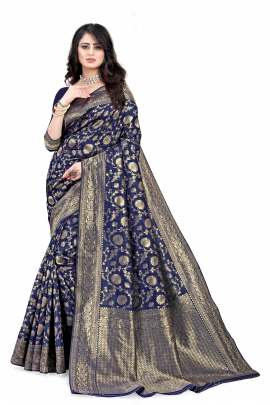 BLUE BANARSI SILK SAREE WITH WAEVING BORDER WITH UNSTITCHED BLOUSE PIECE FOR WEDDING AND PARTY  LICHI SILK SAREE