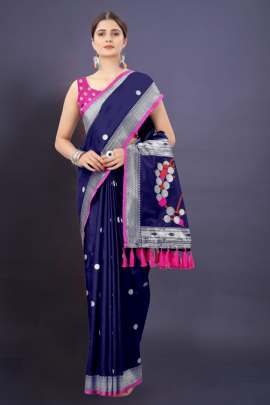 BLUE SOFT SILK SAREE WITH WEAVING ZARI WITH TESSEL BORDER FULL CATALOGE SILK SAREE