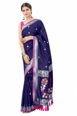 BLUE SOFT SILK SAREE WITH WEAVING ZARI WITH TESSEL BORDER FULL CATALOGE KANCHIPURAM SILK SAREE