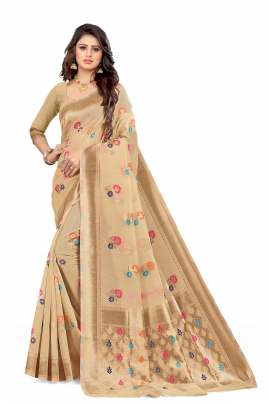 CREAM CHANDERI COTTON SILK SAREE WITH ALL OVER PRINT 