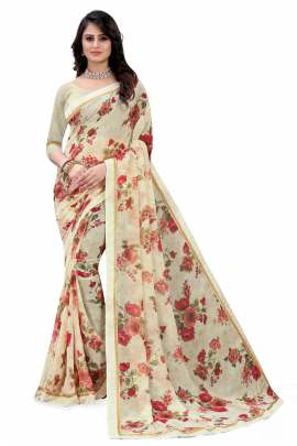 CREAM FLORAL PRINTED GEORGETTE SAREE WITH RICH BORDER LACE GEORGETTE SAREES 