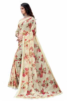 CREAM FLORAL PRINTED GEORGETTE SAREE WITH RICH BORDER LACE GEORGETTE SAREES 