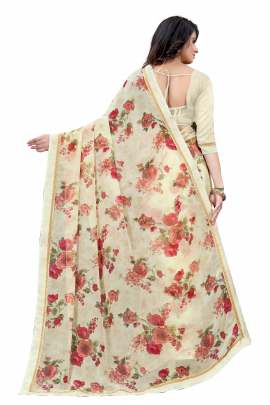 CREAM FLORAL PRINTED GEORGETTE SAREE WITH RICH BORDER LACE GEORGETTE SAREES 