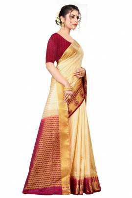 CREAM KANJIVARAM SILK SAREE WITH JUMBO MANGO BORDER  KANCHIPURAM SILK SAREE