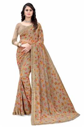 DARK CHIKU FLORAL PRINTED GEORGETTE SAREE WITH RICH BORDER LACE GEORGETTE SAREES 