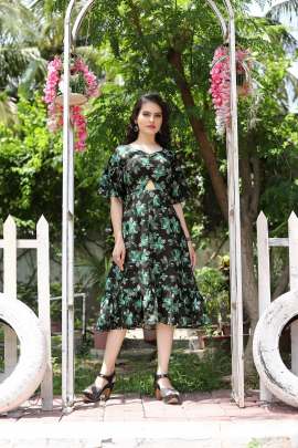 DESIGNER BLACK AND GREEN COLOR FLORAL PRINT DRESS  western wear