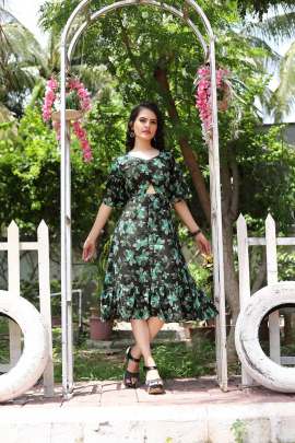 DESIGNER BLACK AND GREEN COLOR FLORAL PRINT DRESS  Dresses