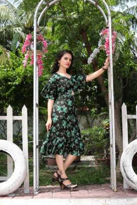 DESIGNER BLACK AND GREEN COLOR FLORAL PRINT DRESS  Dresses