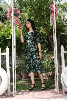 DESIGNER BLACK AND GREEN COLOR FLORAL PRINT DRESS  Dresses