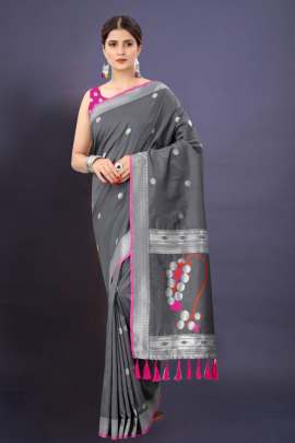 GRAY SOFT SILK SAREE WITH WEAVING ZARI WITH TESSEL BORDER FULL CATALOGE SILK SAREE