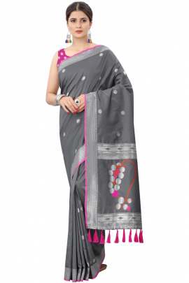 GRAY SOFT SILK SAREE WITH WEAVING ZARI WITH TESSEL BORDER FULL CATALOGE KANCHIPURAM SILK SAREE