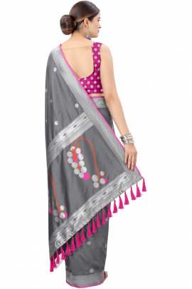 GRAY SOFT SILK SAREE WITH WEAVING ZARI WITH TESSEL BORDER FULL CATALOGE KANCHIPURAM SILK SAREE