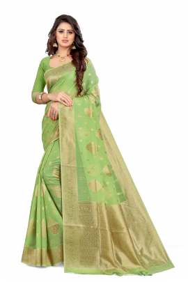 GREEN CHANDERI COTTON SILK SAREE WITH ALL OVER PRINT 