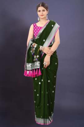 GREEN SOFT SILK SAREE WITH WEAVING ZARI WITH TESSEL BORDER FULL CATALOGE SILK SAREE