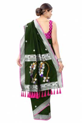 GREEN SOFT SILK SAREE WITH WEAVING ZARI WITH TESSEL BORDER FULL CATALOGE KANCHIPURAM SILK SAREE