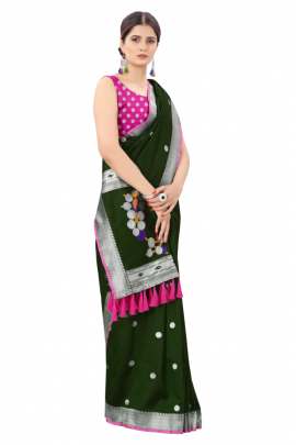 GREEN SOFT SILK SAREE WITH WEAVING ZARI WITH TESSEL BORDER FULL CATALOGE KANCHIPURAM SILK SAREE