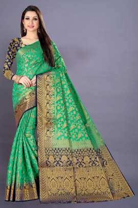 Green Nylon silk saree with silver zari  Dying material with rich pallu  sarees