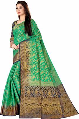 Green Nylon silk saree with silver zari  Dying material with rich pallu  NYLON SILK SAREE