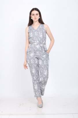 Grey Color V Neck Sleeveless Solid Regular Maxi Length Jumpsuit for Rich lady and Girls 