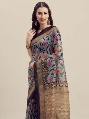 Grey & Gold-Toned Art Silk Printed Saree sarees