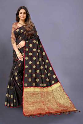 LATEST DESIGNER BLACK LICHI SILK SAREE WITH RICH PALLU WITH ALLOVER WEAVING  KANCHIPURAM SILK SAREE