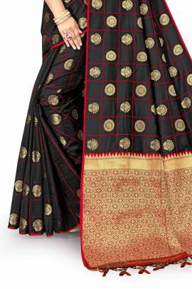 LATEST DESIGNER BLACK LICHI SILK SAREE WITH RICH PALLU WITH ALLOVER WEAVING  KANCHIPURAM SILK SAREE