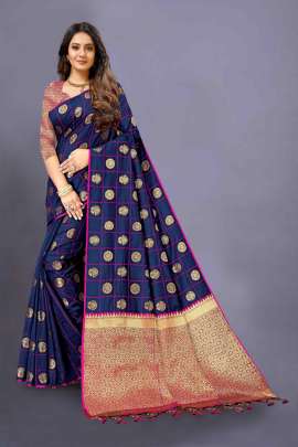 LATEST DESIGNER BLUE LICHI SILK SAREE WITH RICH PALLU WITH ALLOVER WEAVING  LICHI SILK SAREE