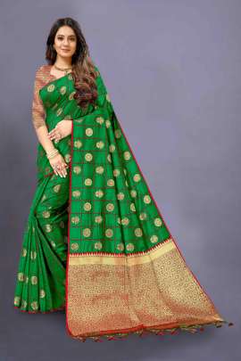 LATEST DESIGNER GREEN LICHI SILK SAREE WITH RICH PALLU WITH ALLOVER WEAVING  SOFT LICHI SILK SAREE 