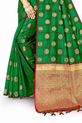 LATEST DESIGNER GREEN LICHI SILK SAREE WITH RICH PALLU WITH ALLOVER WEAVING  KANCHIPURAM SILK SAREE