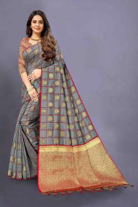 LATEST DESIGNER GREY LICHI SILK SAREE WITH RICH PALLU WITH ALLOVER WEAVING  SOFT LICHI SILK SAREE 