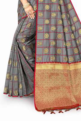 LATEST DESIGNER GREY LICHI SILK SAREE WITH RICH PALLU WITH ALLOVER WEAVING  KANCHIPURAM SILK SAREE