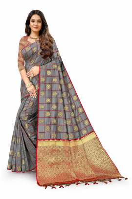 LATEST DESIGNER GREY LICHI SILK SAREE WITH RICH PALLU WITH ALLOVER WEAVING  KANCHIPURAM SILK SAREE