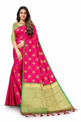 LATEST DESIGNER RANI PINK LICHI SILK SAREE WITH RICH PALLU WITH ALLOVER WEAVING  KANCHIPURAM SILK SAREE