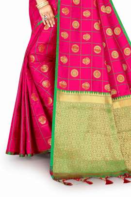 LATEST DESIGNER RANI PINK LICHI SILK SAREE WITH RICH PALLU WITH ALLOVER WEAVING  KANCHIPURAM SILK SAREE