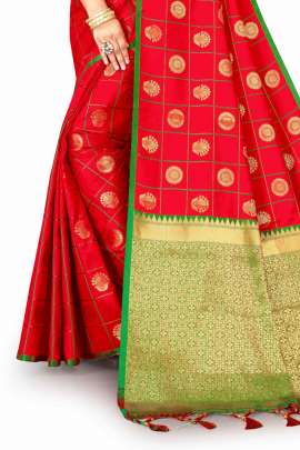 LATEST DESIGNER RED LICHI SILK SAREE WITH RICH PALLU WITH ALLOVER WEAVING  KANCHIPURAM SILK SAREE