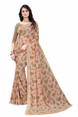 LIGHT CHIKU FLORAL PRINTED GEORGETTE SAREE WITH RICH BORDER LACE