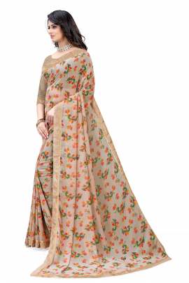 LIGHT CHIKU FLORAL PRINTED GEORGETTE SAREE WITH RICH BORDER LACE GEORGETTE SAREES 