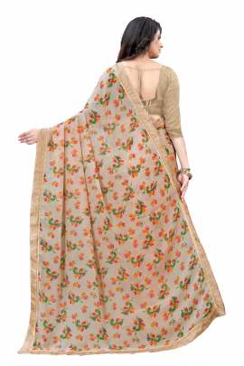 LIGHT CHIKU FLORAL PRINTED GEORGETTE SAREE WITH RICH BORDER LACE GEORGETTE SAREES 