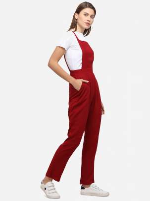 MAROON COTTON REYON BLENDED DUNGAREE WITH WHITE CROP T-SHIRT Dungarees